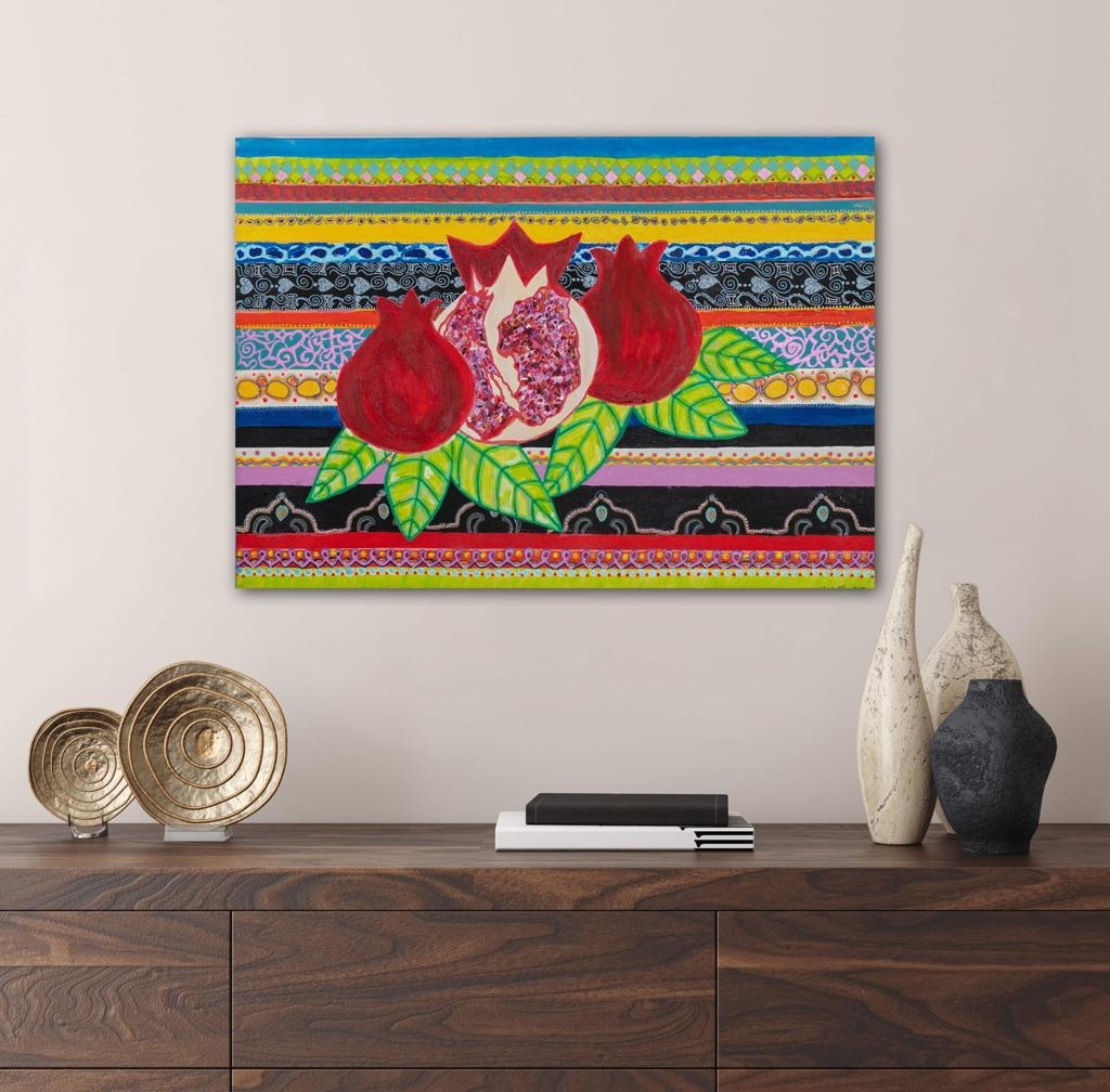 Pomegranates On A Striped Backdrop Bespoke Art