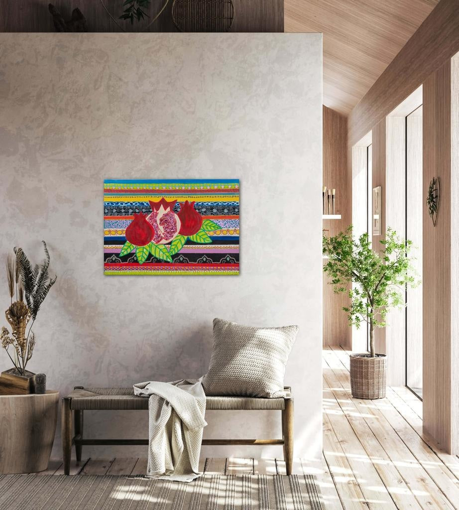 Pomegranates On A Striped Backdrop C- Giclée Paper Prints / 90X127 (35X50In) Bespoke Art
