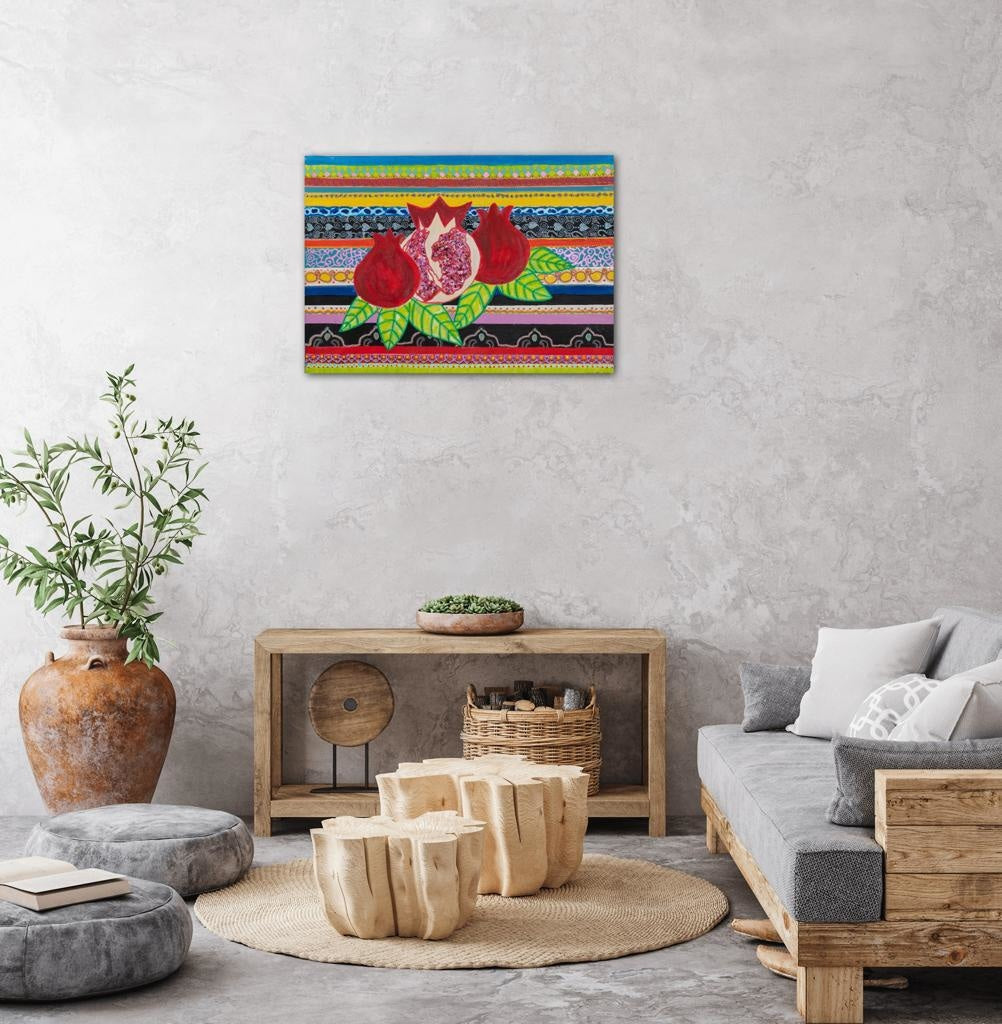 Pomegranates On A Striped Backdrop A- Mixed Media Ready Bespoke Art Piece / 40X56Cm (16X22In)