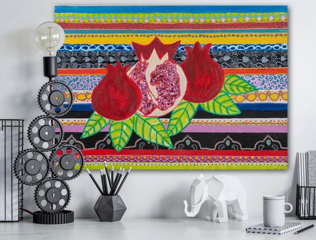 Pomegranates On A Striped Backdrop A- Mixed Media Ready Bespoke Art Piece / 46X65Cm (18X25.5In)