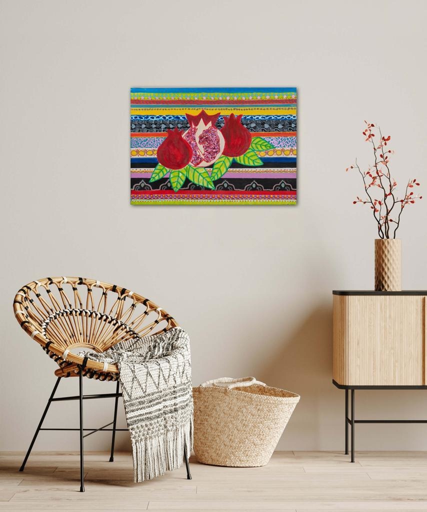 Pomegranates On A Striped Backdrop A- Mixed Media Ready Bespoke Art Piece / 50X70Cm (20X27.5In)