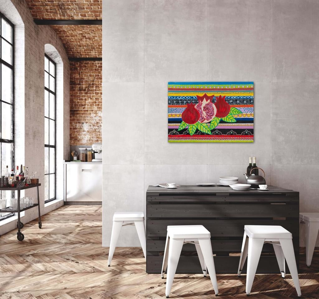 Pomegranates On A Striped Backdrop A- Mixed Media Ready Bespoke Art Piece / 80X113Cm (31X44In)