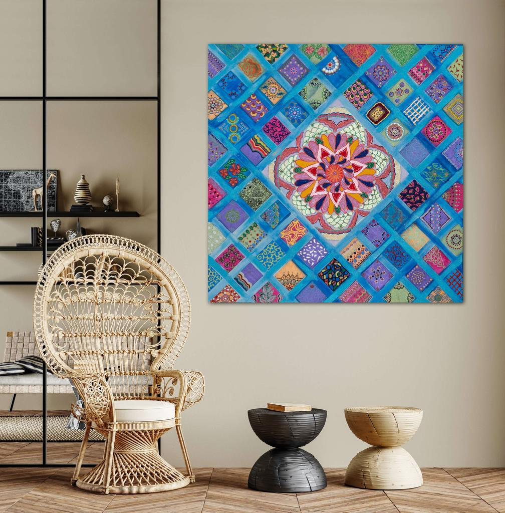 Rhombus Of Mandalas In Blue A- Mixed Media Ready Bespoke Art Piece / 102X102Cm (40X40In)