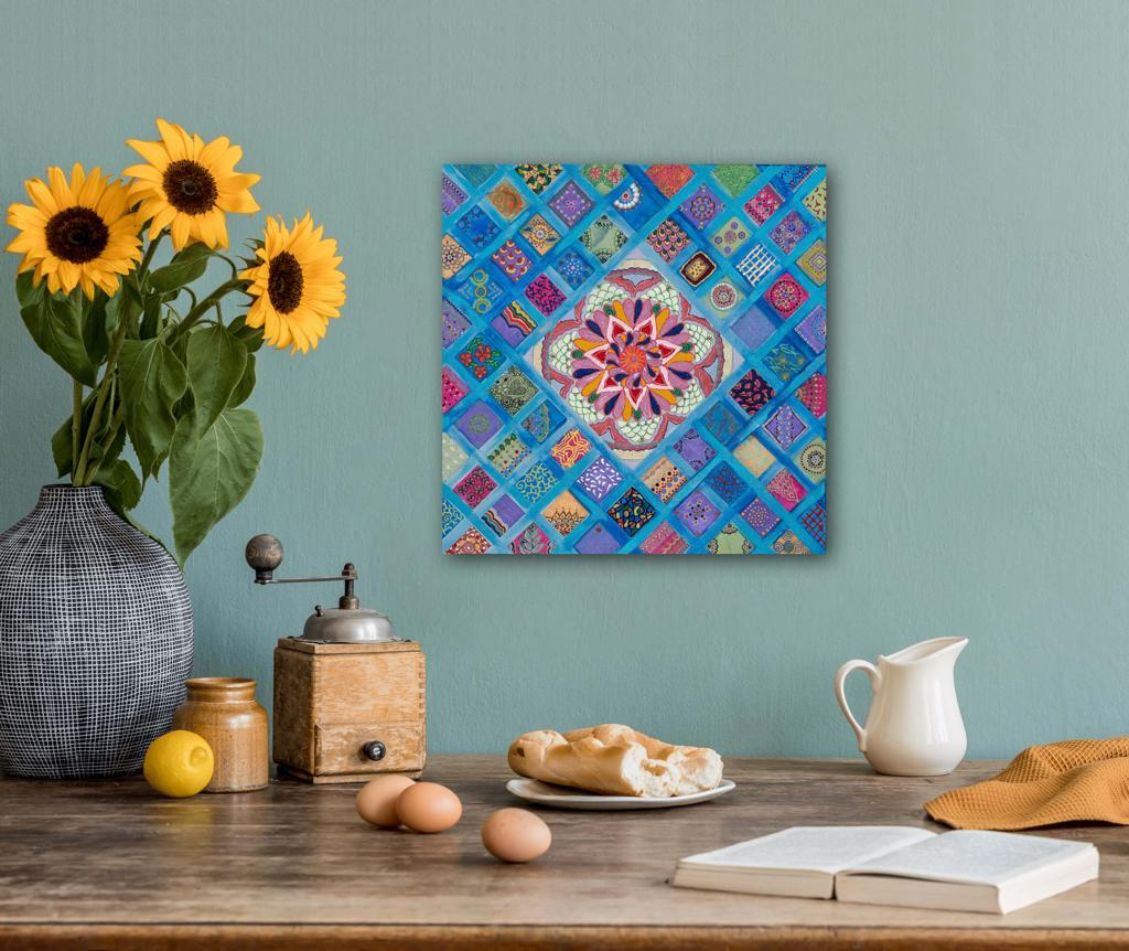 Rhombus Of Mandalas In Blue A- Mixed Media Ready Bespoke Art Piece / 25X25Cm (10X10In)