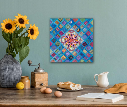 Rhombus Of Mandalas In Blue A- Mixed Media Ready Bespoke Art Piece / 25X25Cm (10X10In)