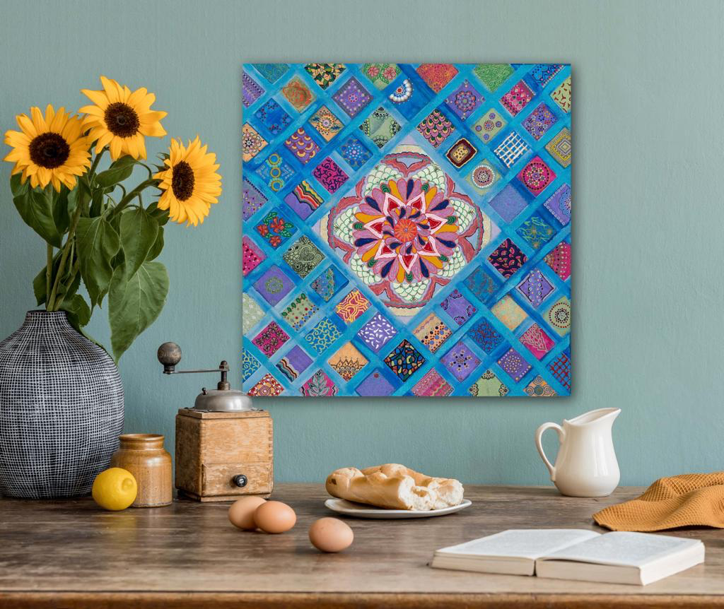 Rhombus Of Mandalas In Blue A- Mixed Media Ready Bespoke Art Piece / 41X41Cm (16X16In)