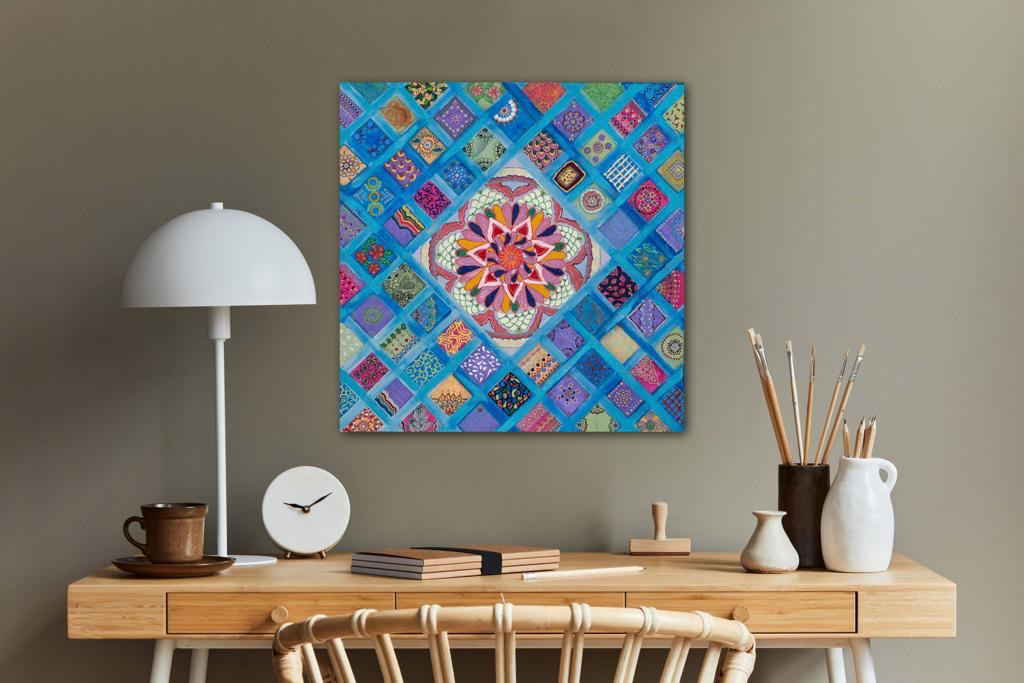 Rhombus Of Mandalas In Blue A- Mixed Media Ready Bespoke Art Piece / 51X51Cm (20X20In)