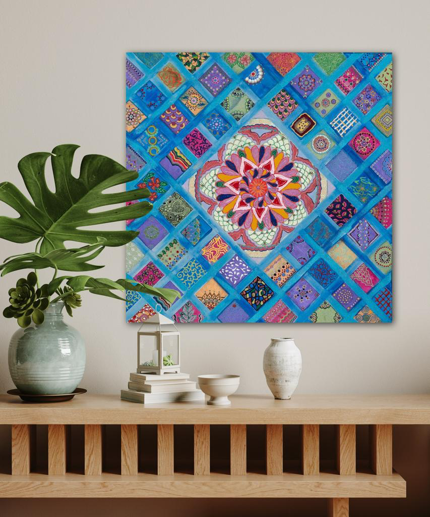 Rhombus Of Mandalas In Blue A- Mixed Media Ready Bespoke Art Piece / 61X61Cm (24X24In)